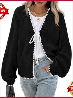 Open Front Tie Knit Long Sleeve Cardigan Sweater Lightweight Cute